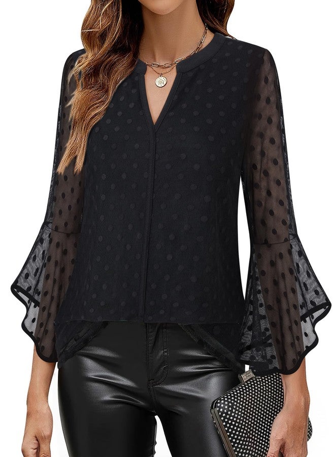 VALOLIA Ladies Summer Tops and Blouses: Bell Sleeve - Womens Spring Top 2025 Trendy - Dressy Tops to Hide Tummy Holiday Blouses Plus Size Formal Shirt Chic Elegant Black Dots Shirts Large - Image 2